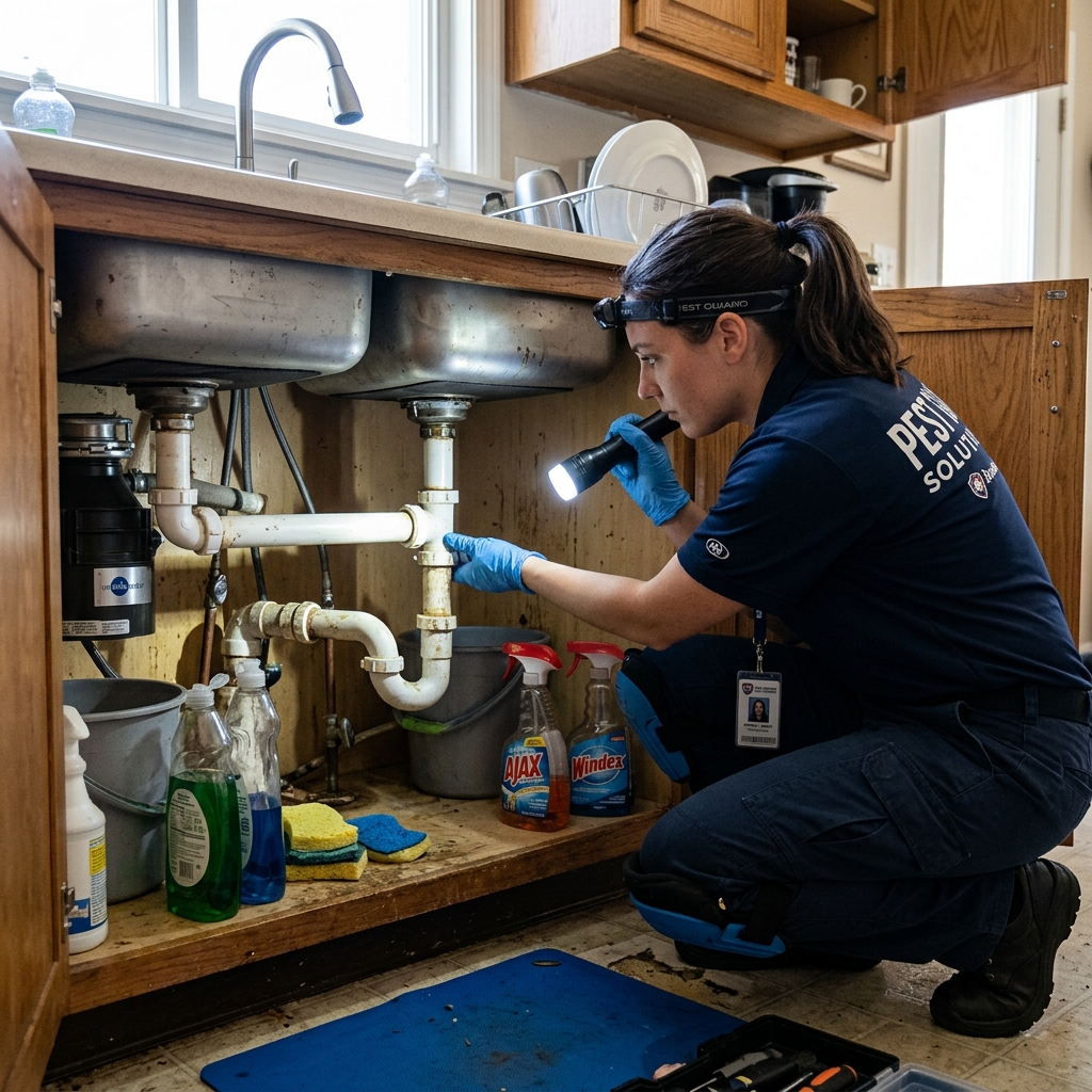 Pest control worker inspecting kitchen plumbing lines for cockroach nests